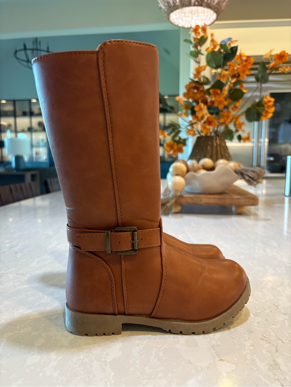 FabKids Girls Tall Faux Leather Boots Brown Tan Buckle Riding Boot Size 11
